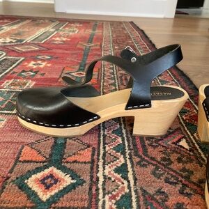 Swedish Hasbeens Black Leather Mules with Wooden Heel